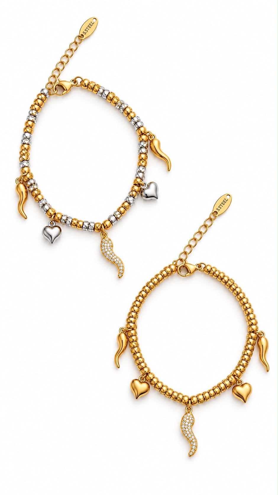 Bracciale Pepita scaramantico sonaglio in acciaio e strass
